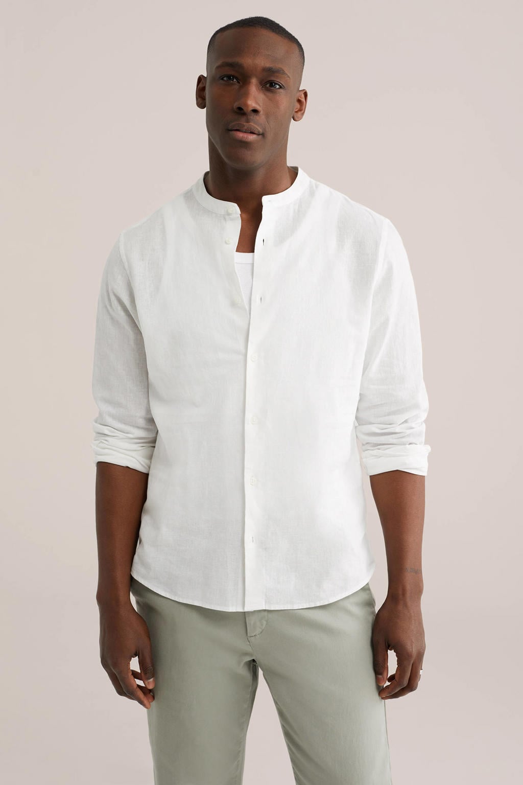 Witte heren WE Fashion regular casual overhemd van linnen met effen, lange mouwen, mao kraag en knoopsluiting