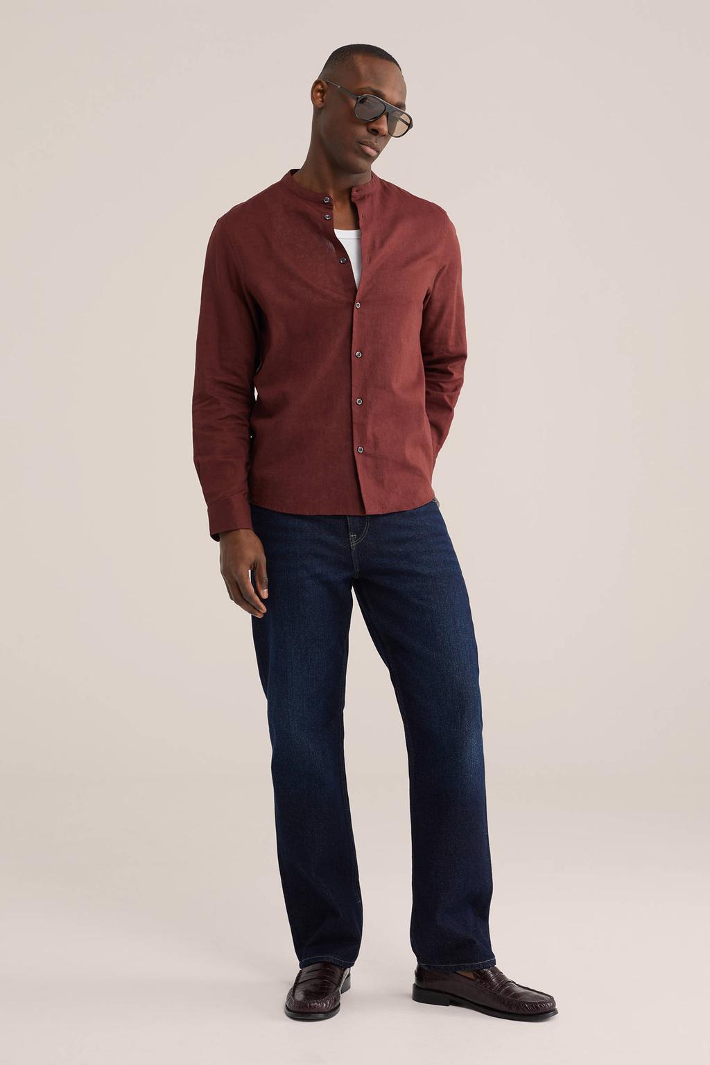 Rode heren WE Fashion regular casual overhemd van linnen met effen, lange mouwen, mao kraag en knoopsluiting