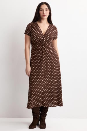midi jurk met stippen bruin