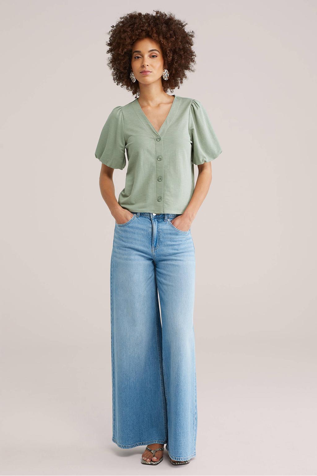 Lichtgroene dames WE Fashion blouse van viscose met effen, korte mouwen, V-hals en knoopsluiting