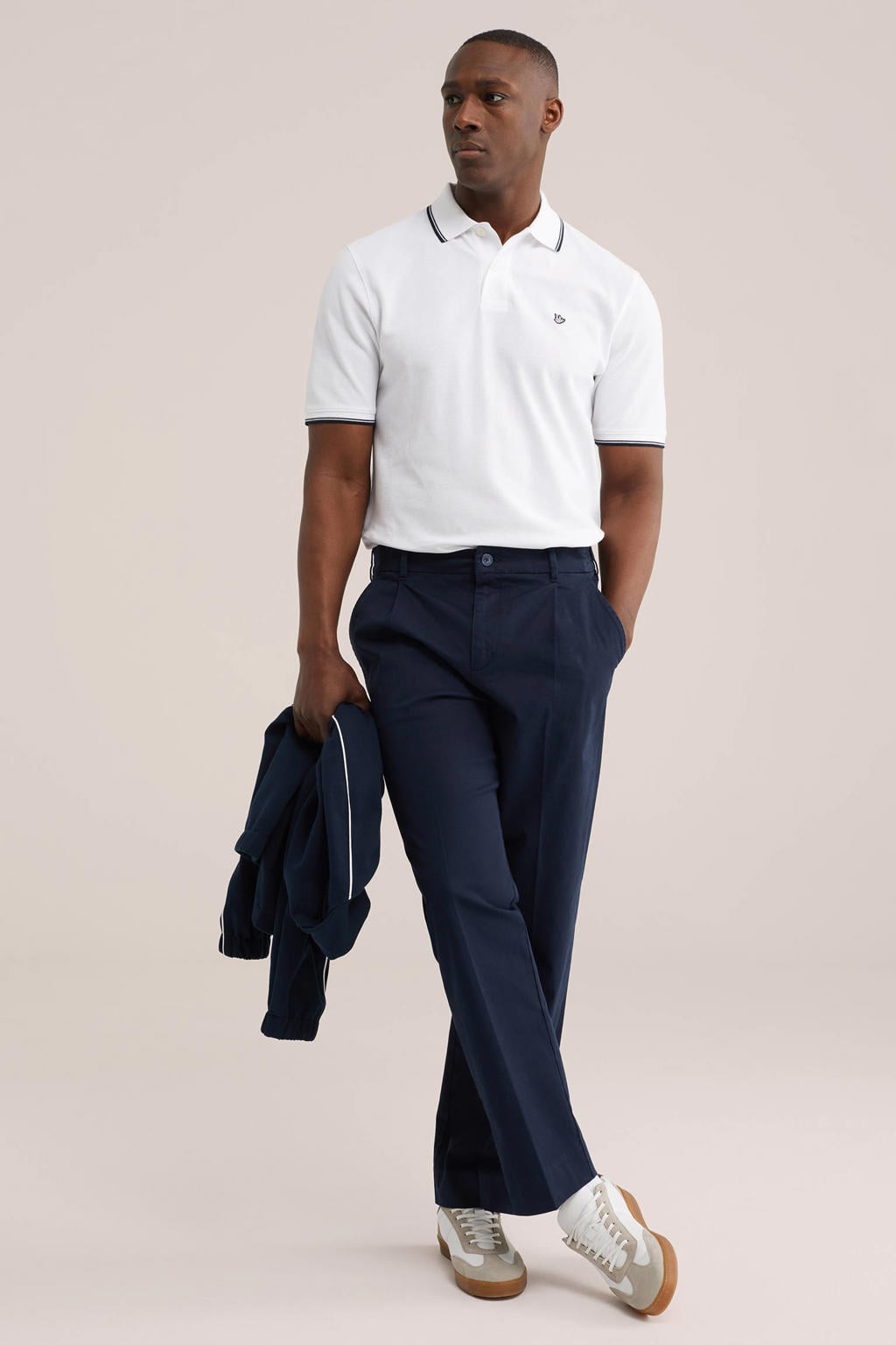 Witte heren WE Fashion regular polo van katoen met effen, korte mouwen, knoopsluiting en geribde boorden
