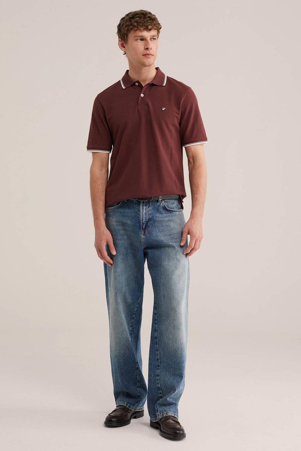Donkerrode heren WE Fashion regular polo van katoen met effen, korte mouwen, knoopsluiting en geribde boorden