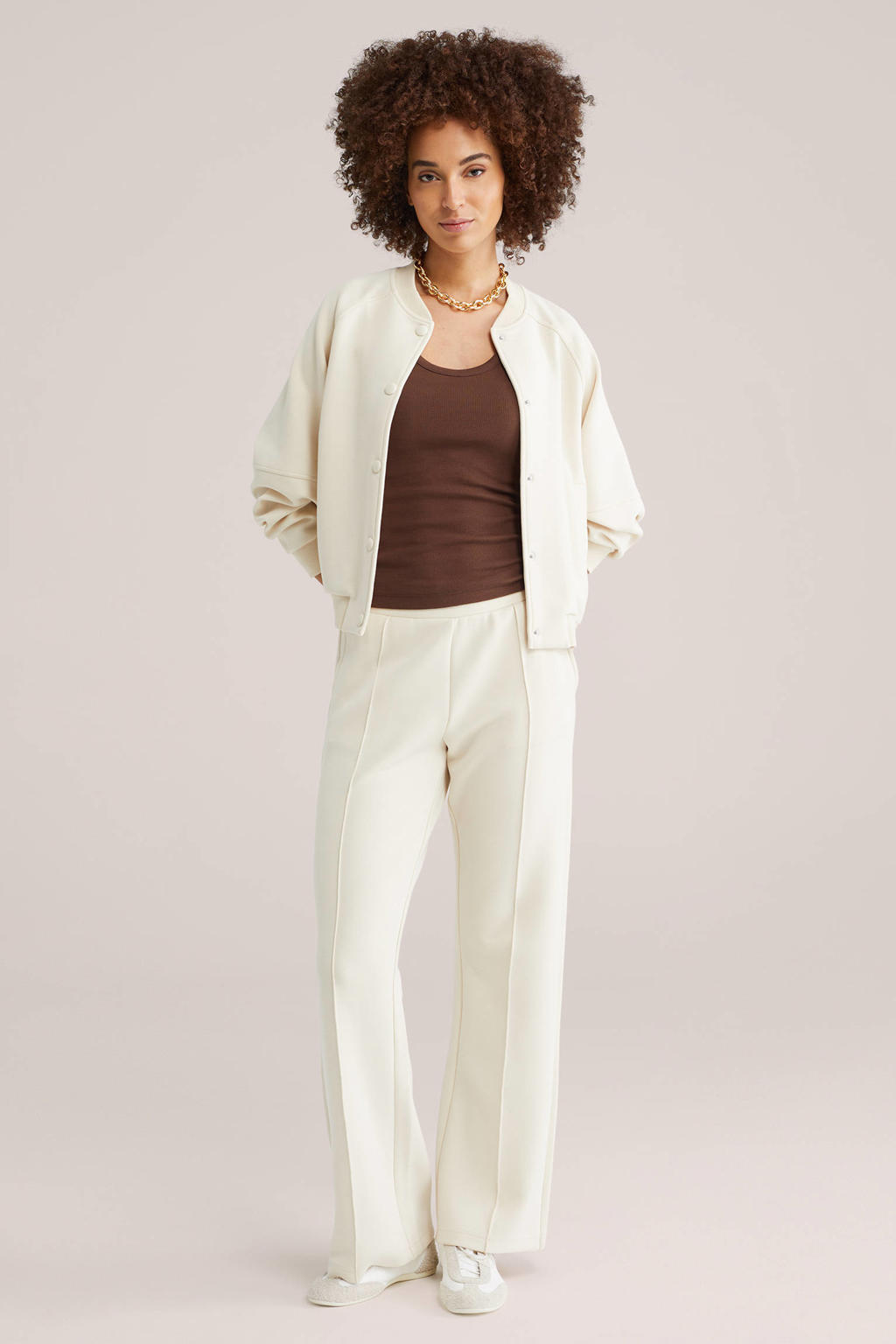 Ecru dames WE Fashion bomberjack van viscose met effen, lange mouwen en ronde hals
