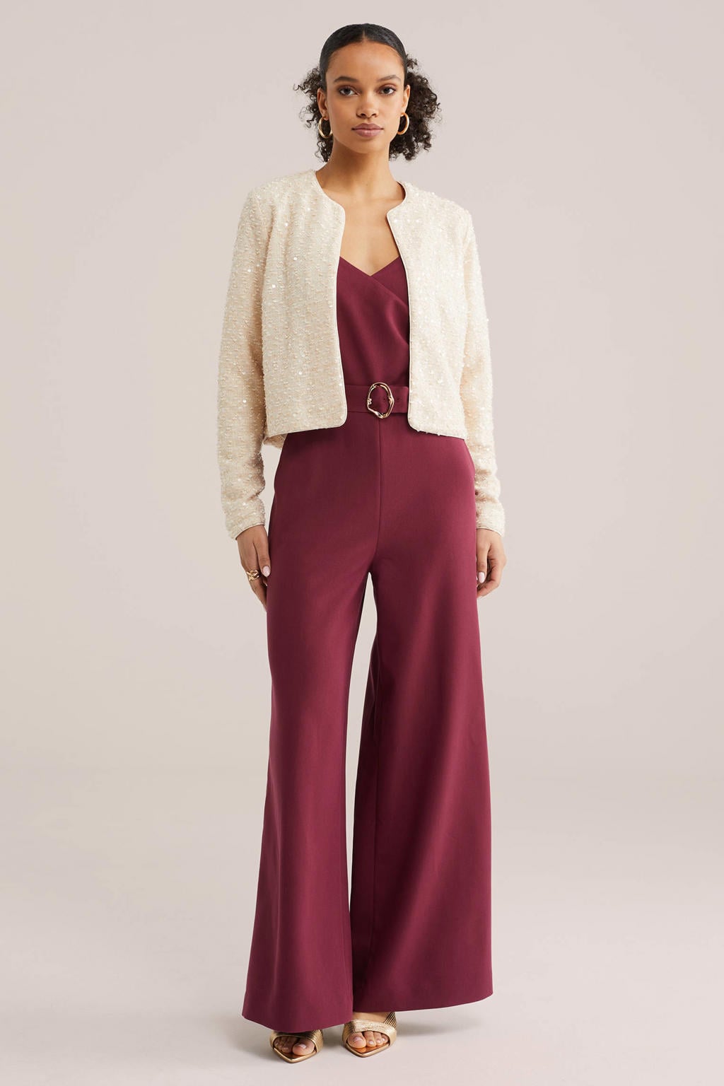 Ecru dames WE Fashion jasje van polyester met effen, lange mouwen, ronde hals en pailletten