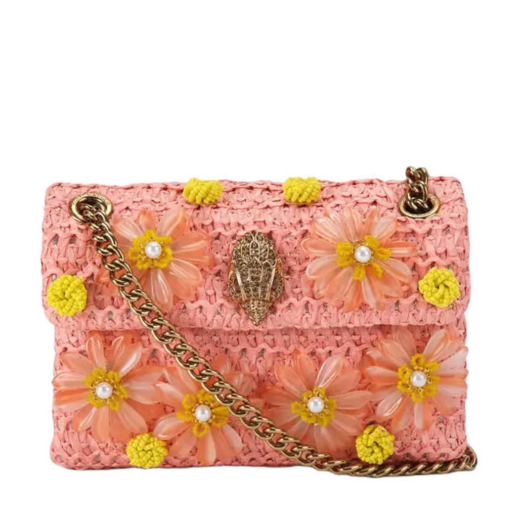 Kurt Geiger raffia crossbody tas Mini Kensington met bloemen roze