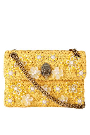 raffia crossbody tas Mini Kensington met parels geel