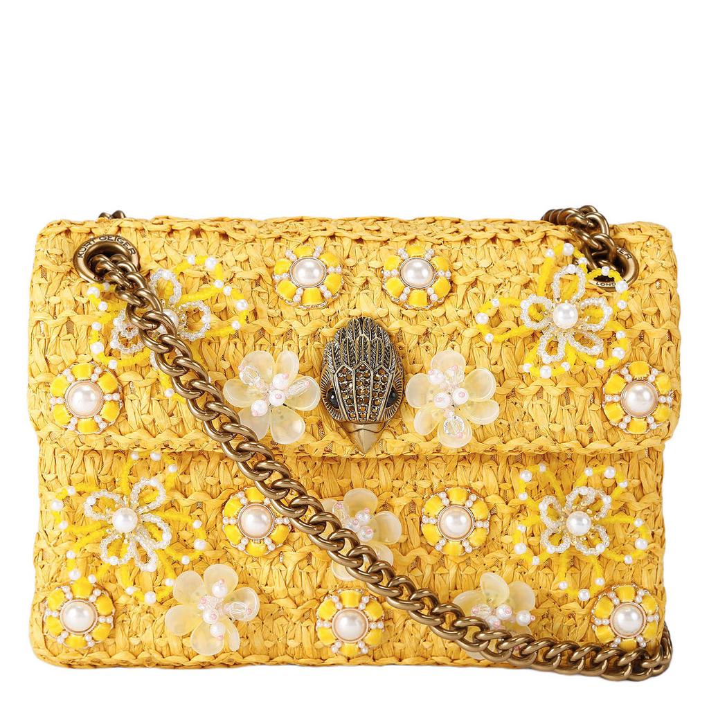 Kurt Geiger raffia crossbody tas Mini Kensington met parels geel