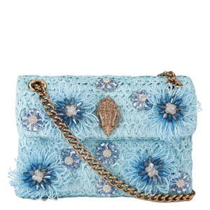 raffia crossbody tas Mini Kensington met sierstenen lichtblauw