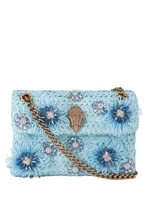 raffia crossbody tas Mini Kensington met sierstenen lichtblauw