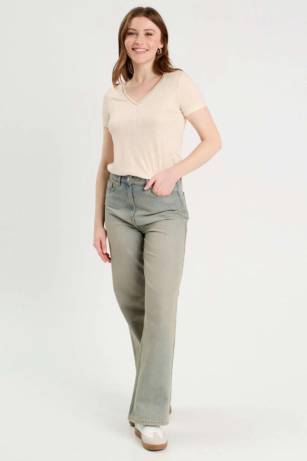 Beige dames Cache Cache T-shirt van viscose met effen, korte mouwen, V-hals en glitters