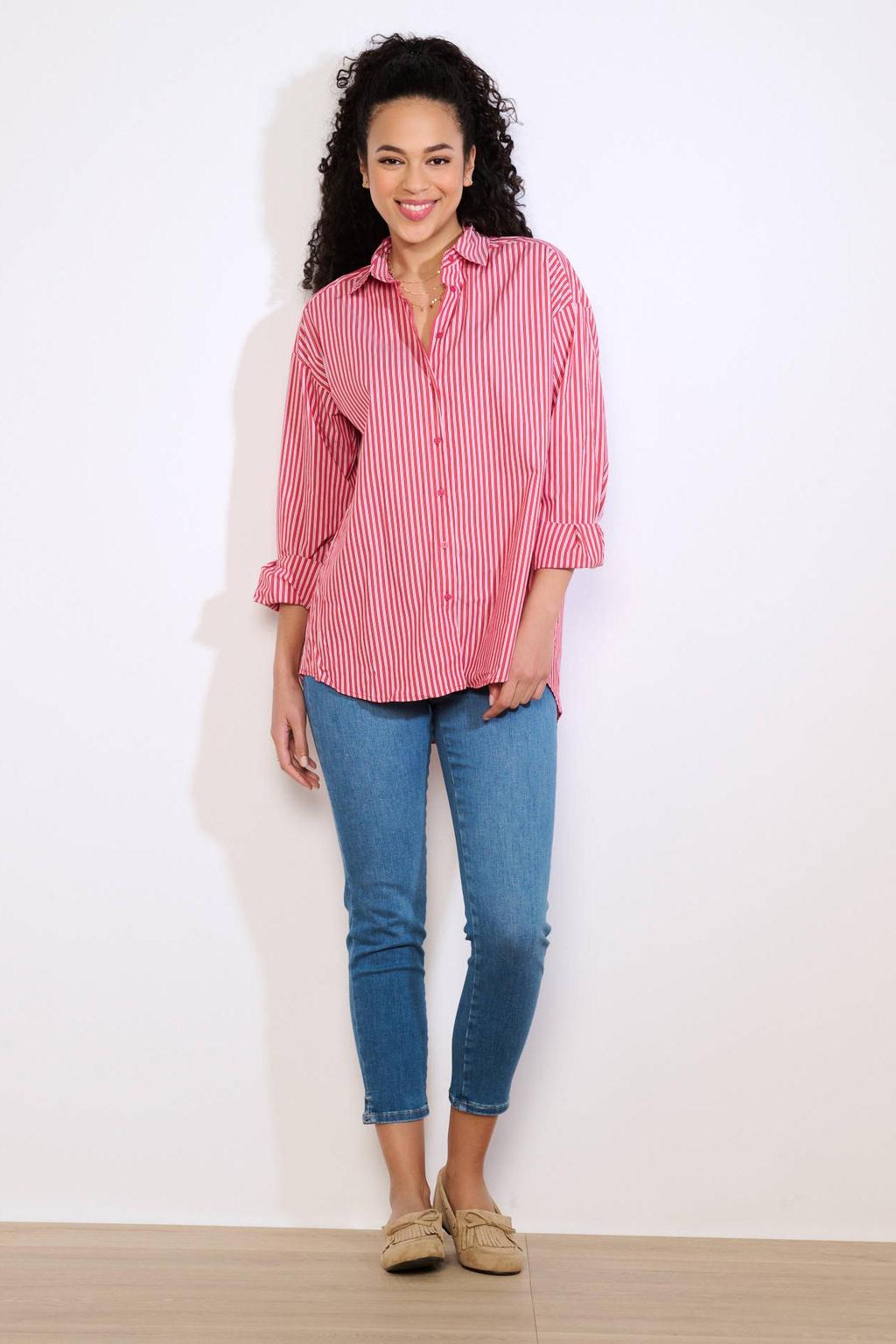 Rood en witte dames LOLALIZA gestreepte blouse van katoen met lange mouwen, klassieke kraag en knoopsluiting