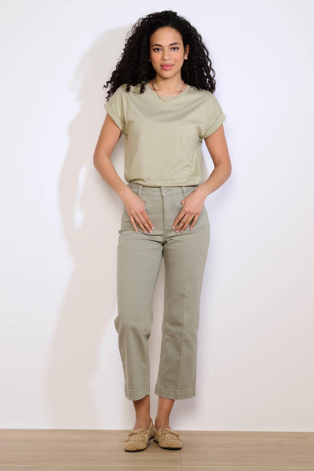 Lichtkaki dames LOLALIZA straight high waist broek van katoen met rits- en knoopsluiting en effen