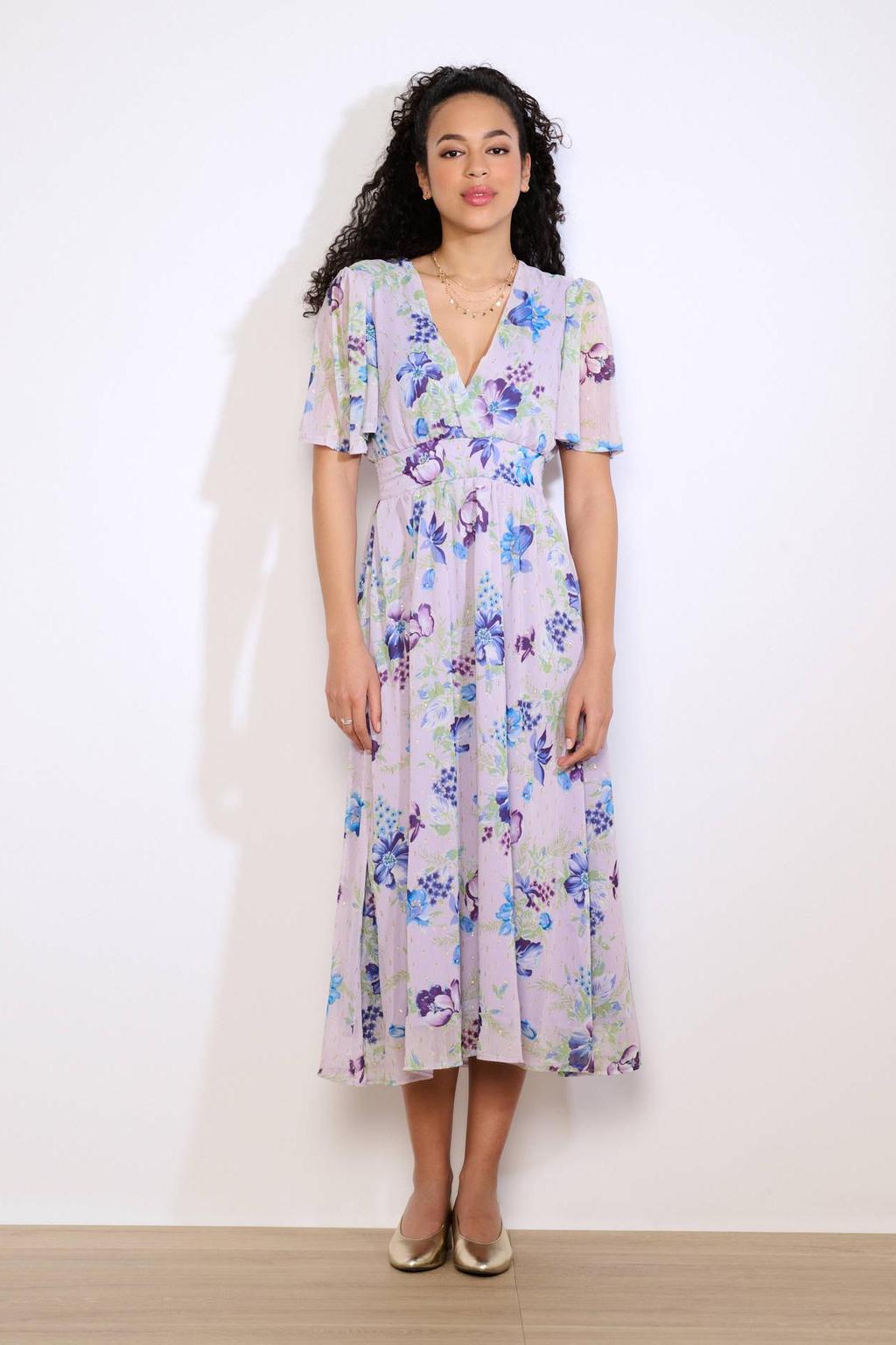 Lila en blauwe dames LOLALIZA gebloemde midi jurk van polyester met korte mouwen en overslagkraag