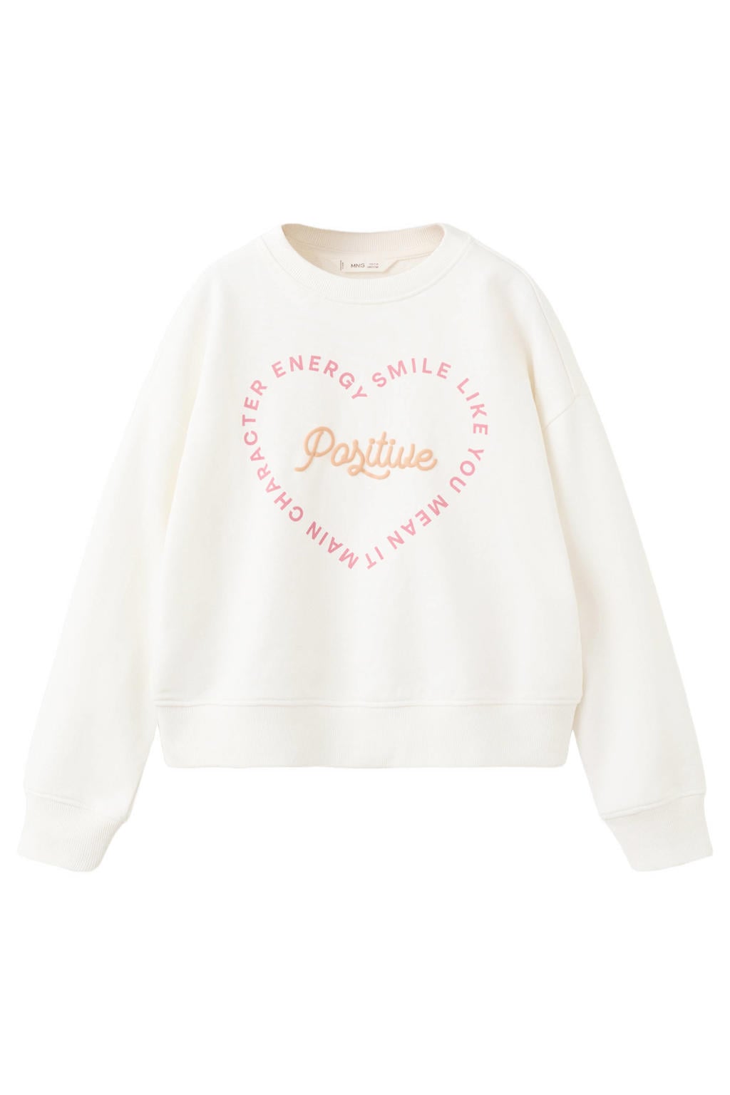 Witte meisjes Mango Kids sweater met tekst print, lange mouwen, ronde hals en geribde boorden