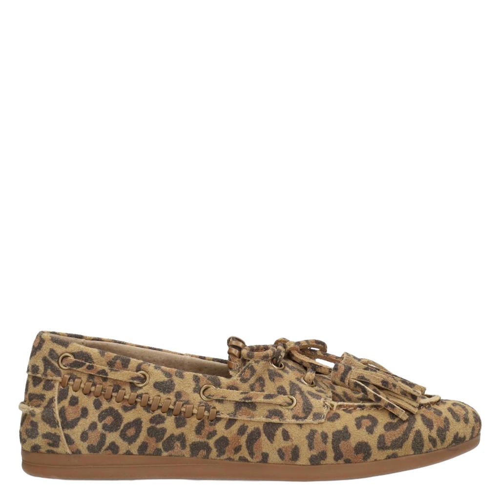 Beige en zwarte dames Poelman Lira suède bootschoenen met panterprint