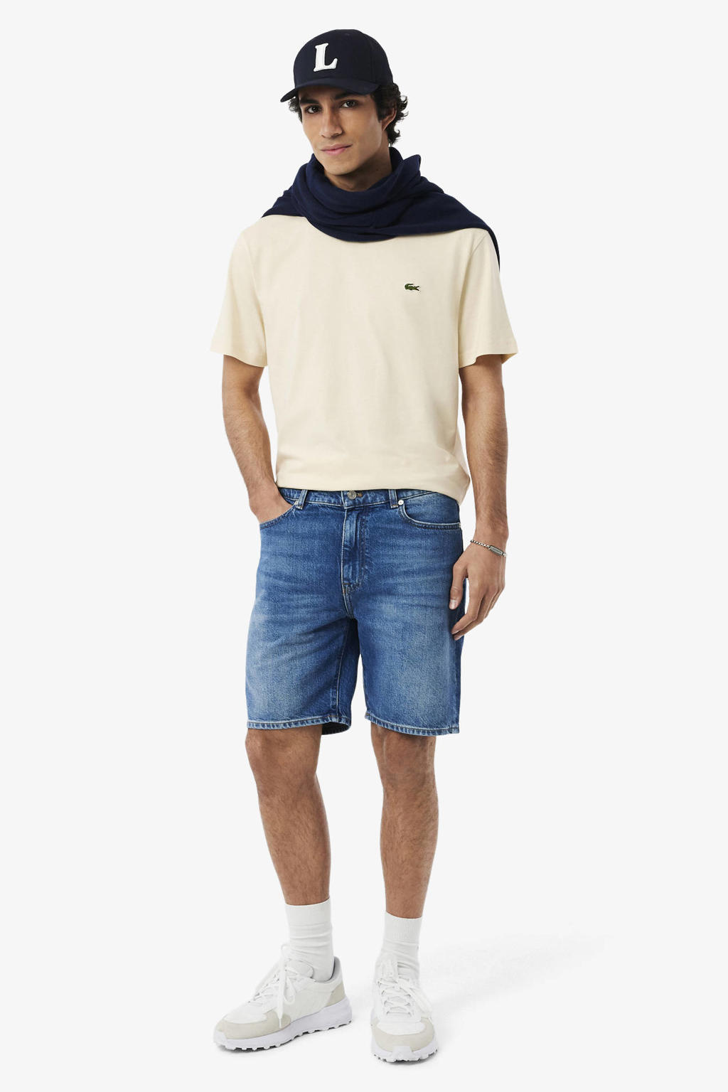 Ecru heren Lacoste T-shirt van katoen met effen, korte mouwen en ronde hals