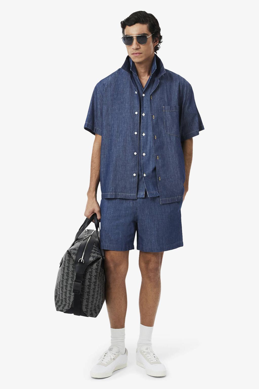 Blauwe heren Lacoste relaxed casual overhemd van denim met effen, korte mouwen, reverskraag en knoopsluiting