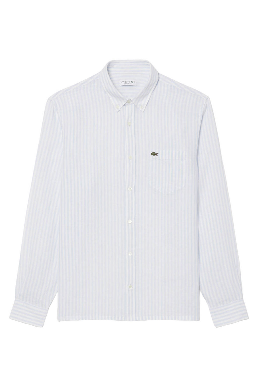 Lichtblauwe heren Lacoste casual overhemd van linnen met strepenprint, lange mouwen, button down sluiting en knoopsluiting