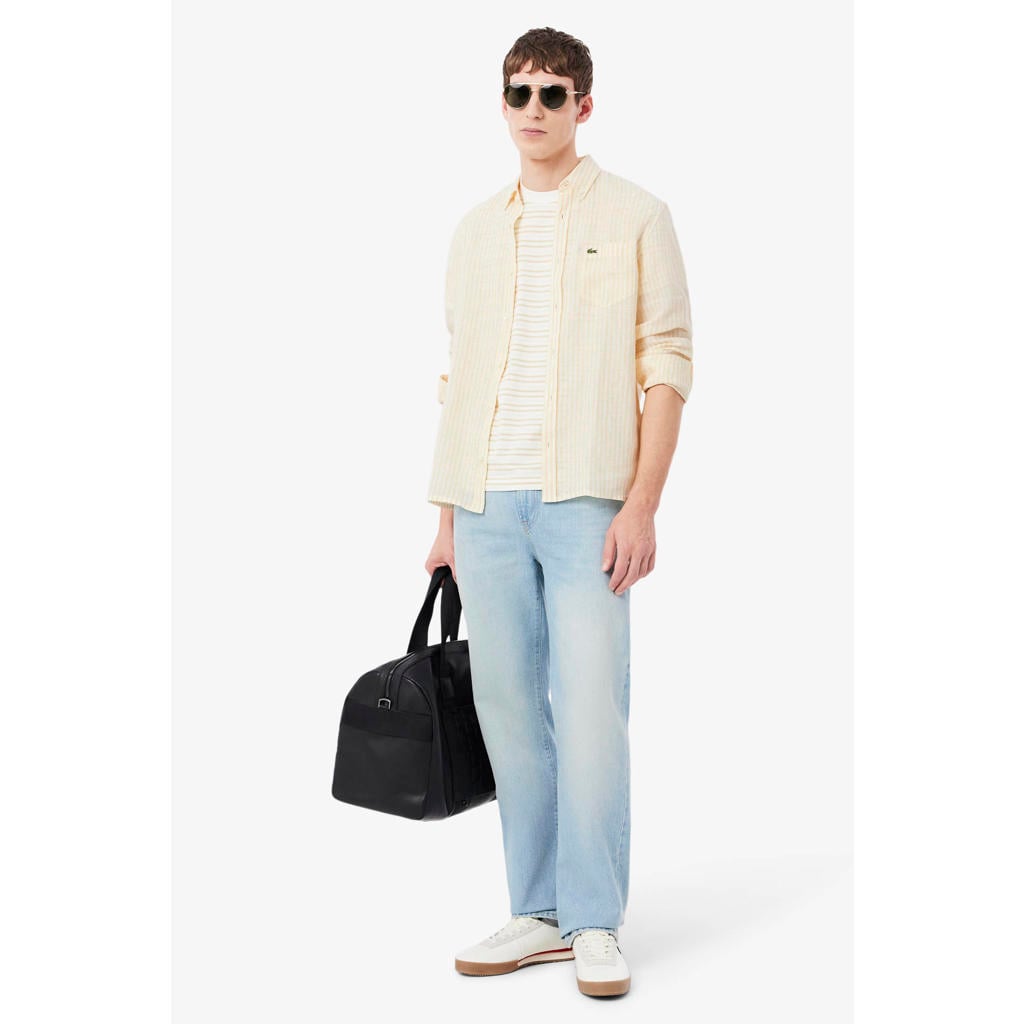 Lichtgele heren Lacoste casual overhemd van linnen met strepenprint, lange mouwen, button down sluiting en knoopsluiting