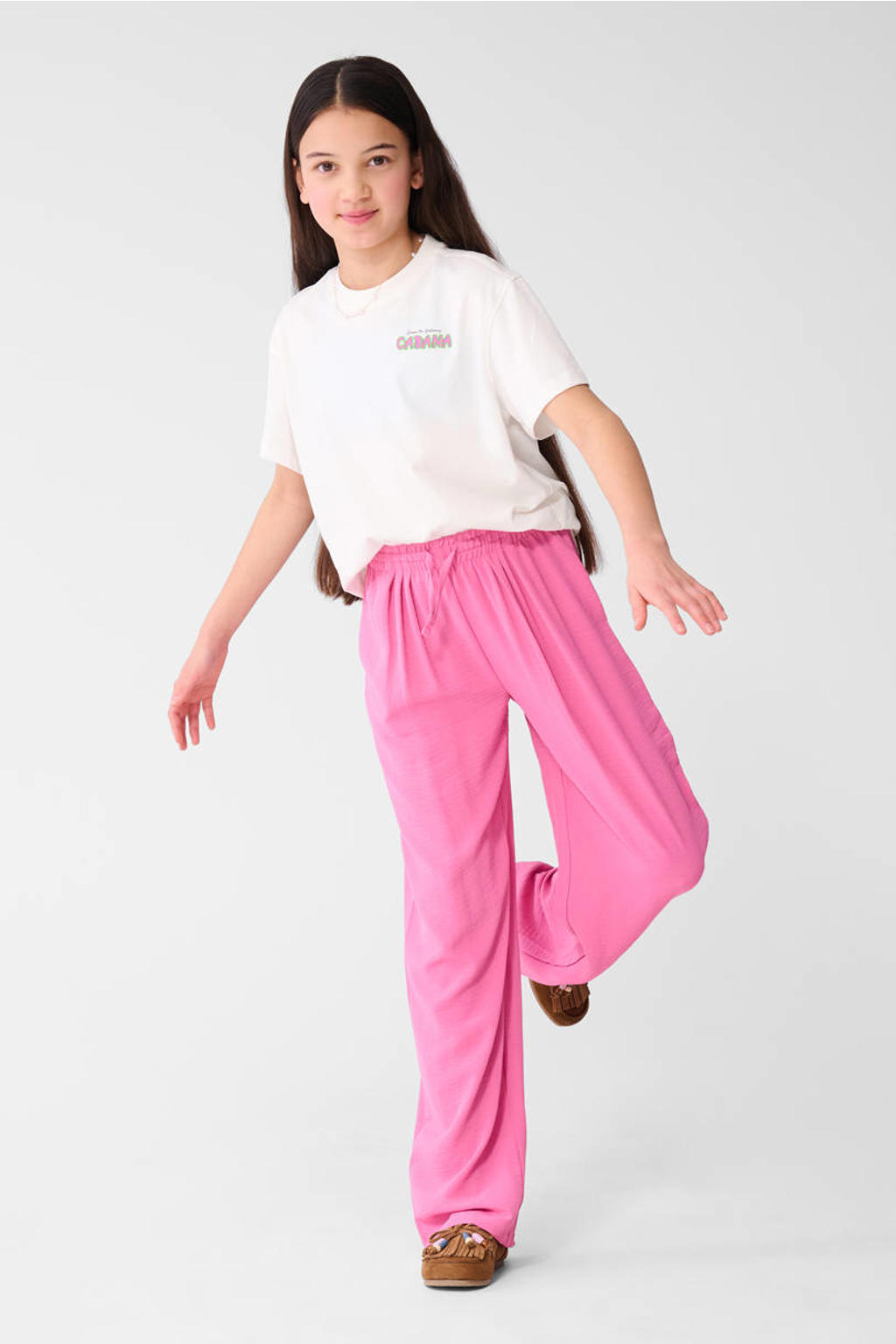 Roze meisjes Shoeby casual broek van polyester met high waist, elastische tailleband met koord en effen