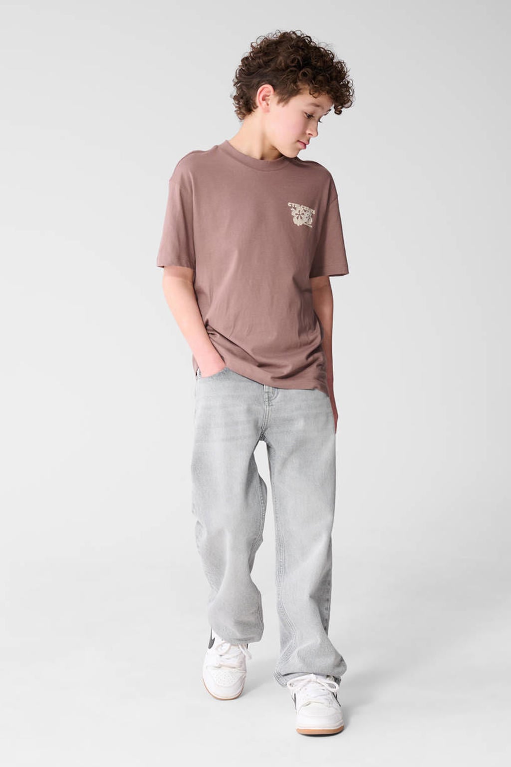 Taupe jongens Shoeby T-shirt van katoen met backprint, korte mouwen en ronde hals