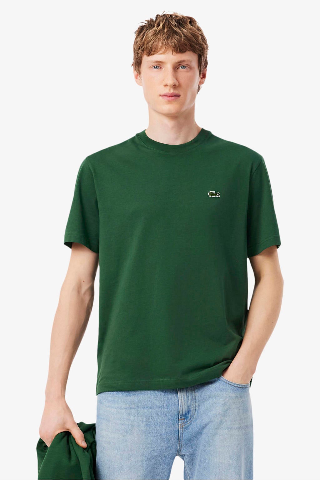 Donkergroene heren Lacoste T-shirt van katoen met effen, korte mouwen en ronde hals