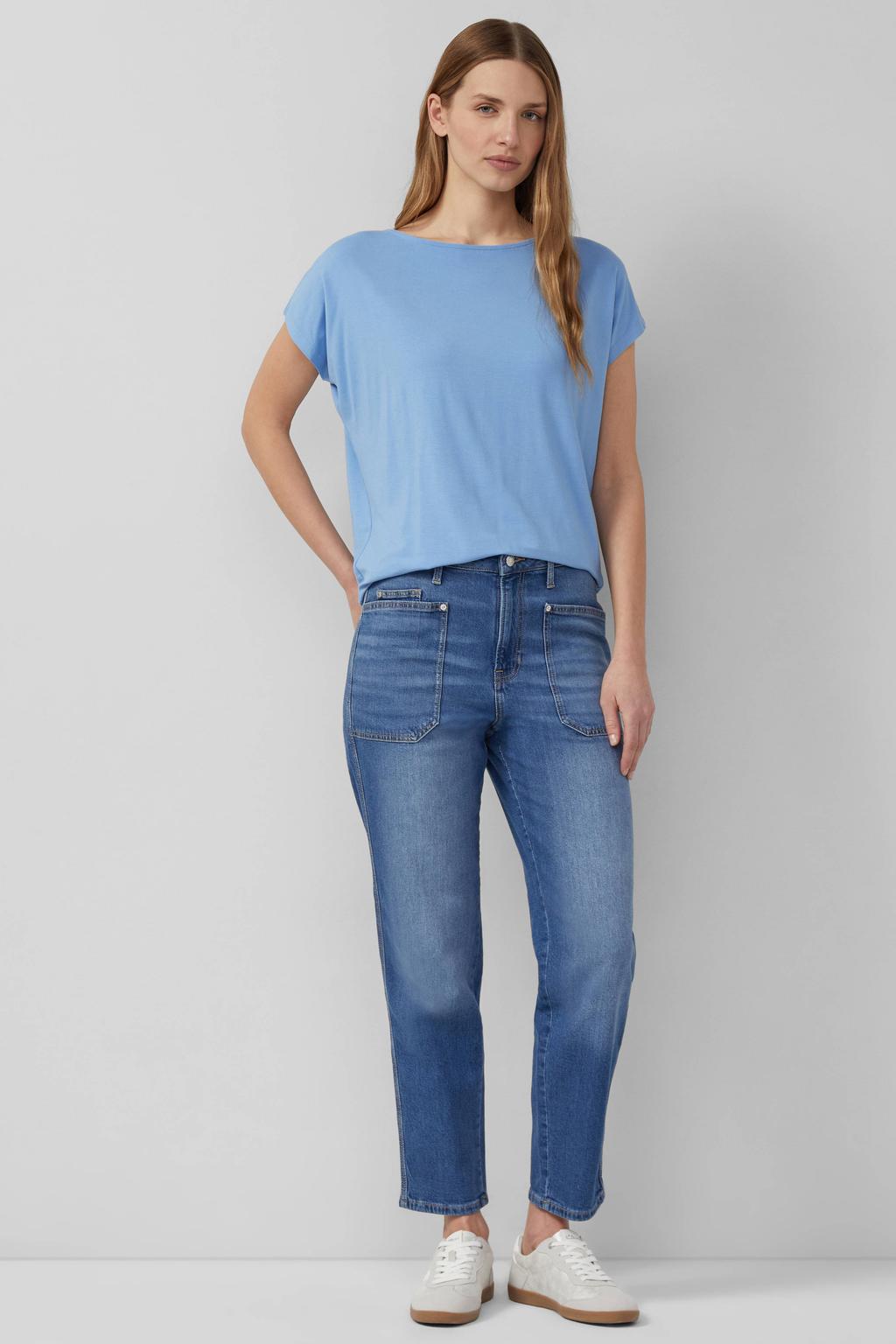 Lichtblauwe dames s.Oliver T-shirt van viscose met effen, korte mouwen en ronde hals