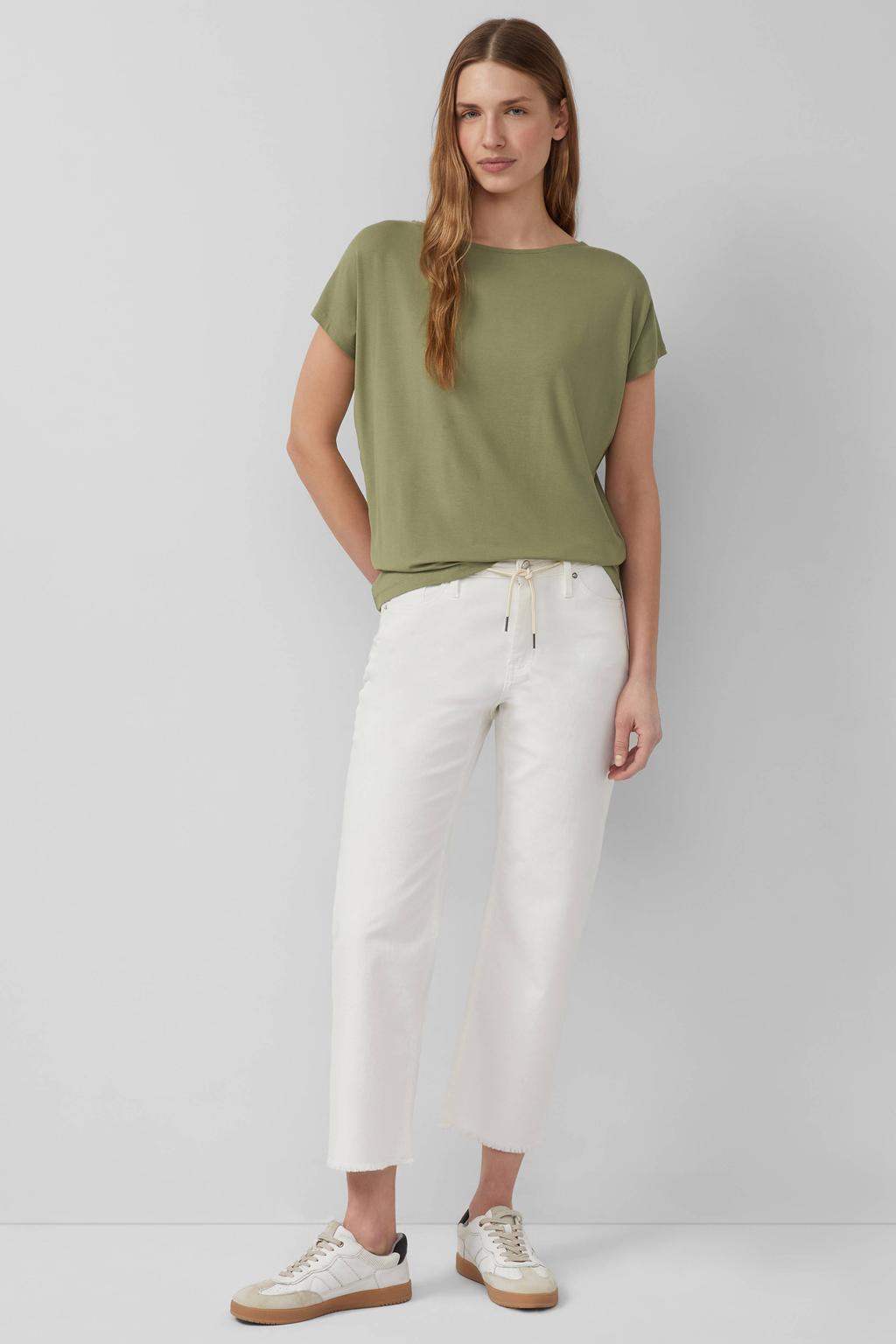 Kakikleurige dames s.Oliver T-shirt van viscose met effen, korte mouwen en ronde hals