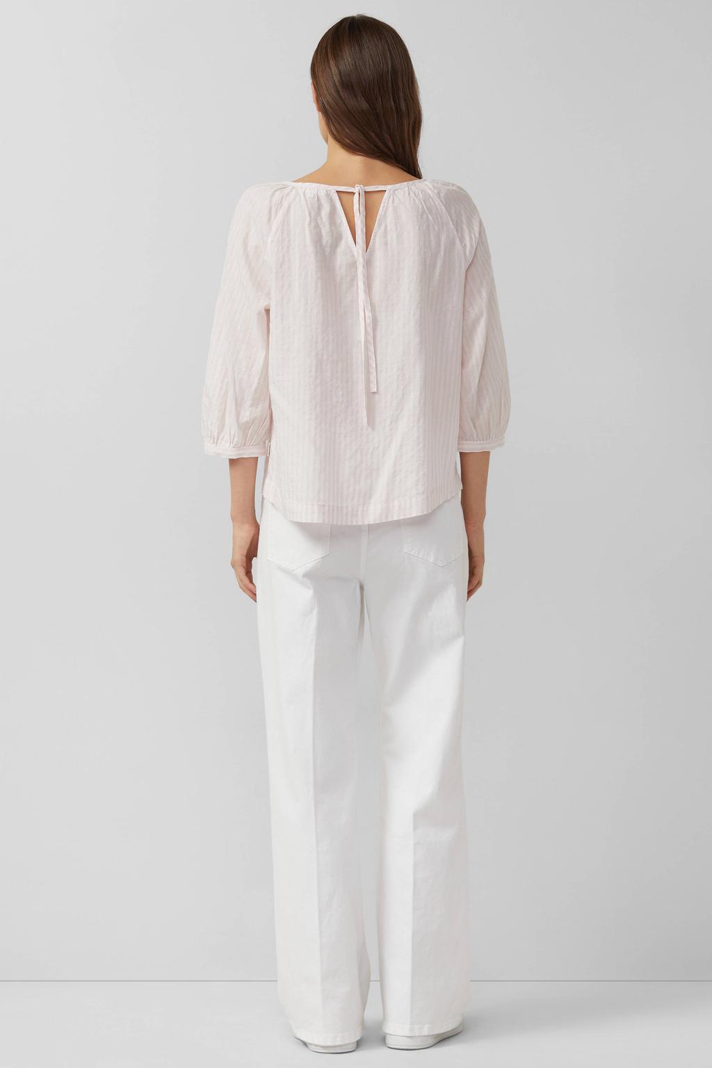 Roze en witte dames s.Oliver gestreepte blousetop van viscose met driekwart mouwen, ronde hals, striksluiting en plooien