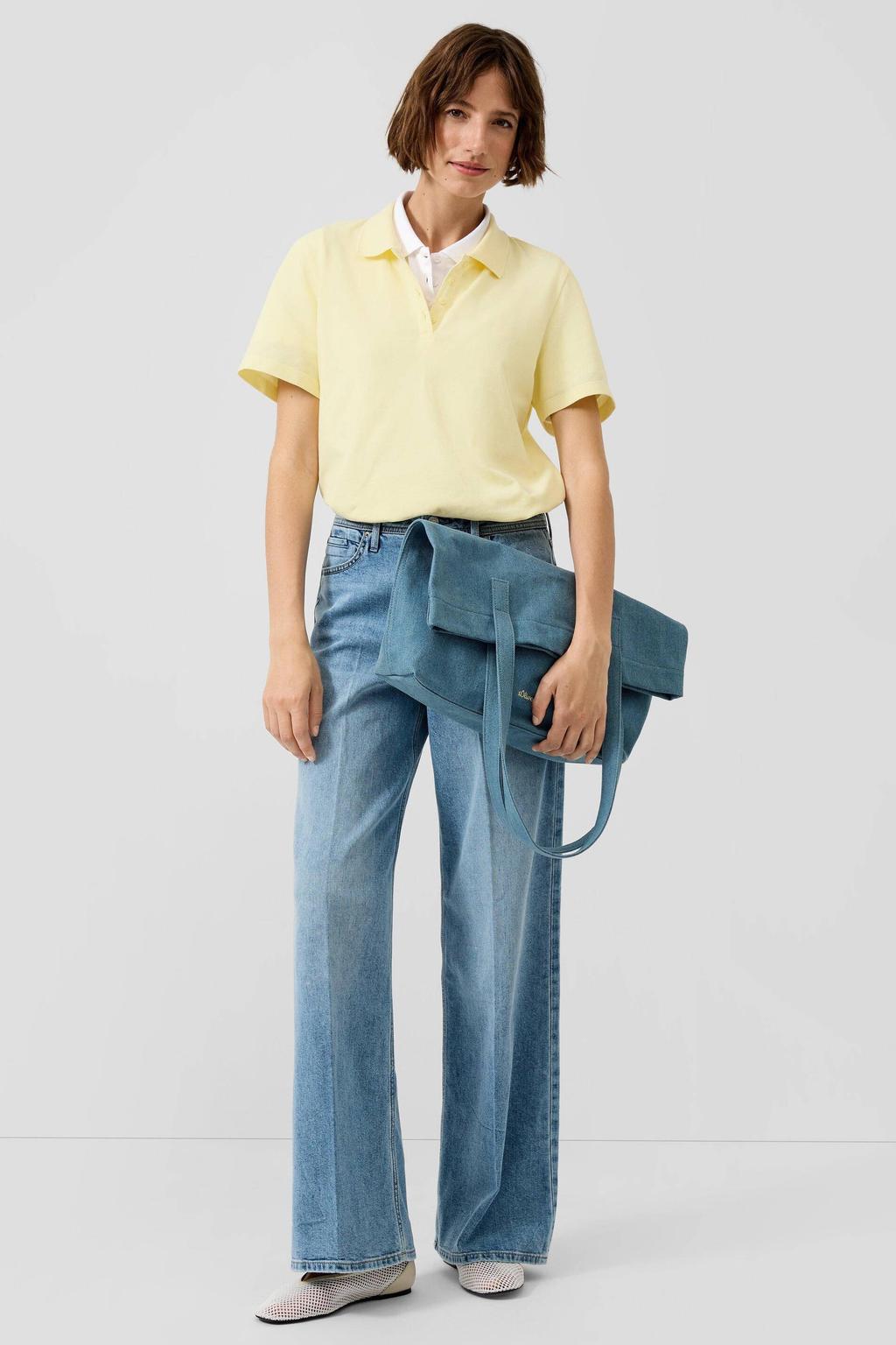 Dark blue denim dames s.Oliver polo van stretchkatoen met effen, korte mouwen en textuur