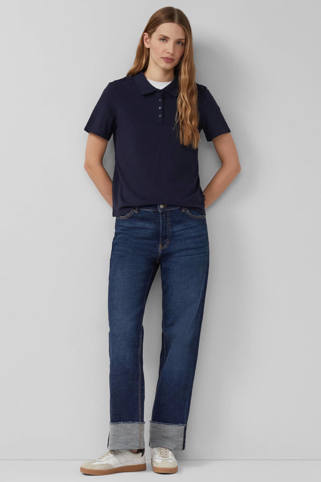 Marineblauw dames s.Oliver polo blauw van stretchkatoen met effen, korte mouwen en textuur