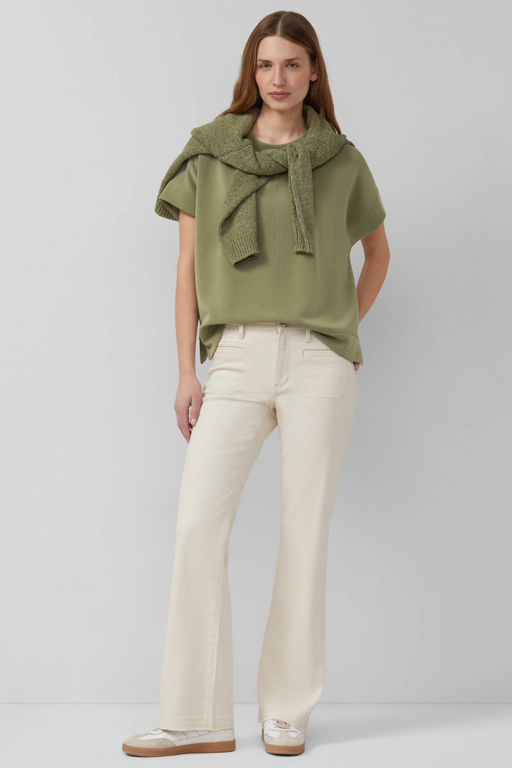 Kakikleurige dames s.Oliver top van modal met effen, korte mouwen, ronde hals en contrast stiksels