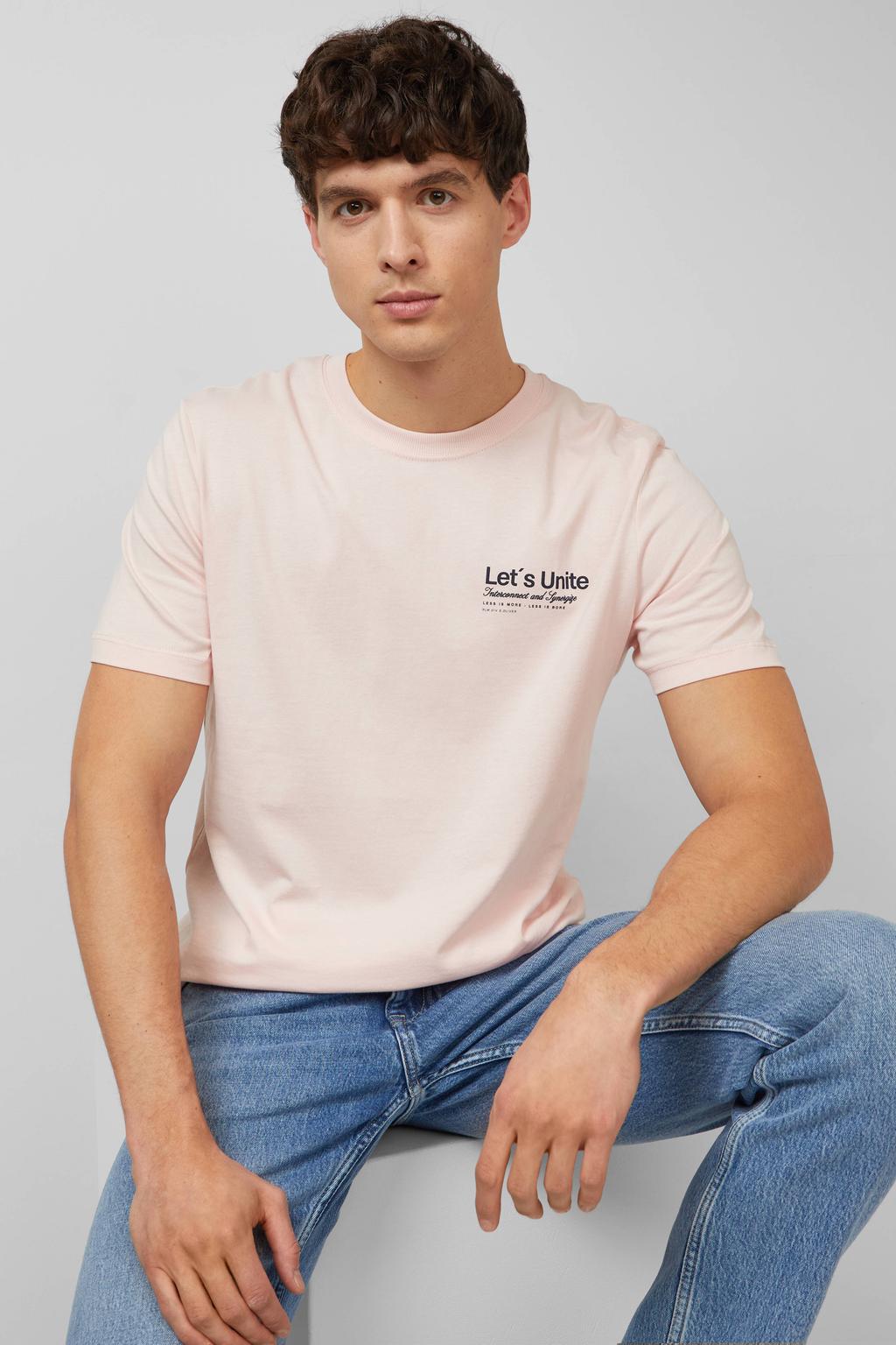 Roze heren s.Oliver regular T-shirt van katoen met printopdruk, korte mouwen en ronde hals