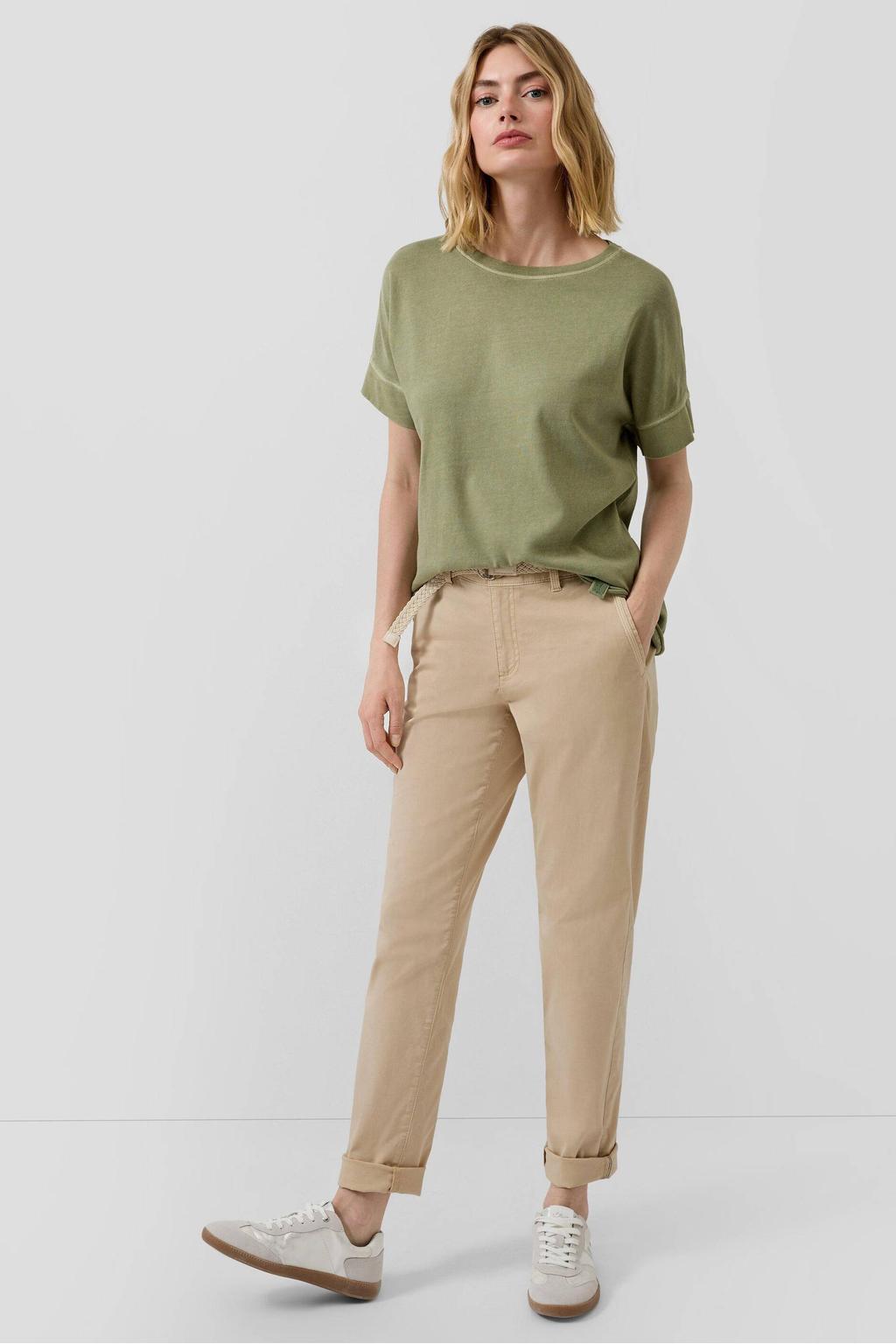 Beige dames s.Oliver tapered regular waist casual broek van katoen met rits- en knoopsluiting en effen