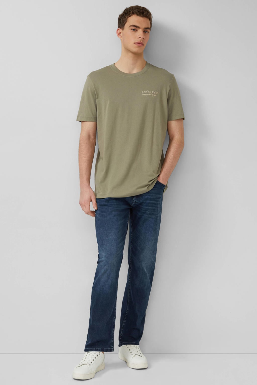 Groene heren s.Oliver regular T-shirt van katoen met printopdruk, korte mouwen en ronde hals