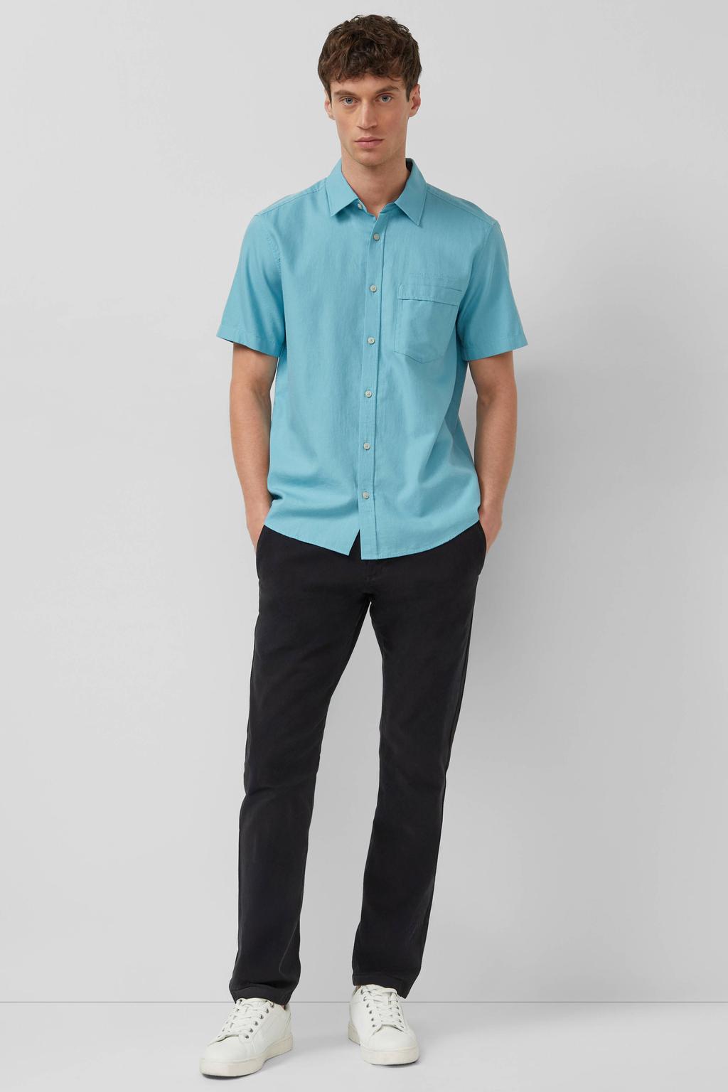Blauwe heren s.Oliver regular casual overhemd van katoen met effen, korte mouwen, klassieke kraag en knoopsluiting