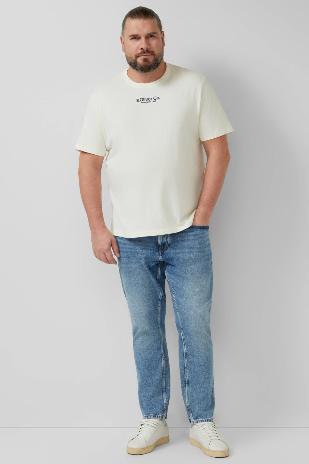 Ecru heren s.Oliver Big Size regular T-shirt van katoen met logo dessin, korte mouwen en ronde hals
