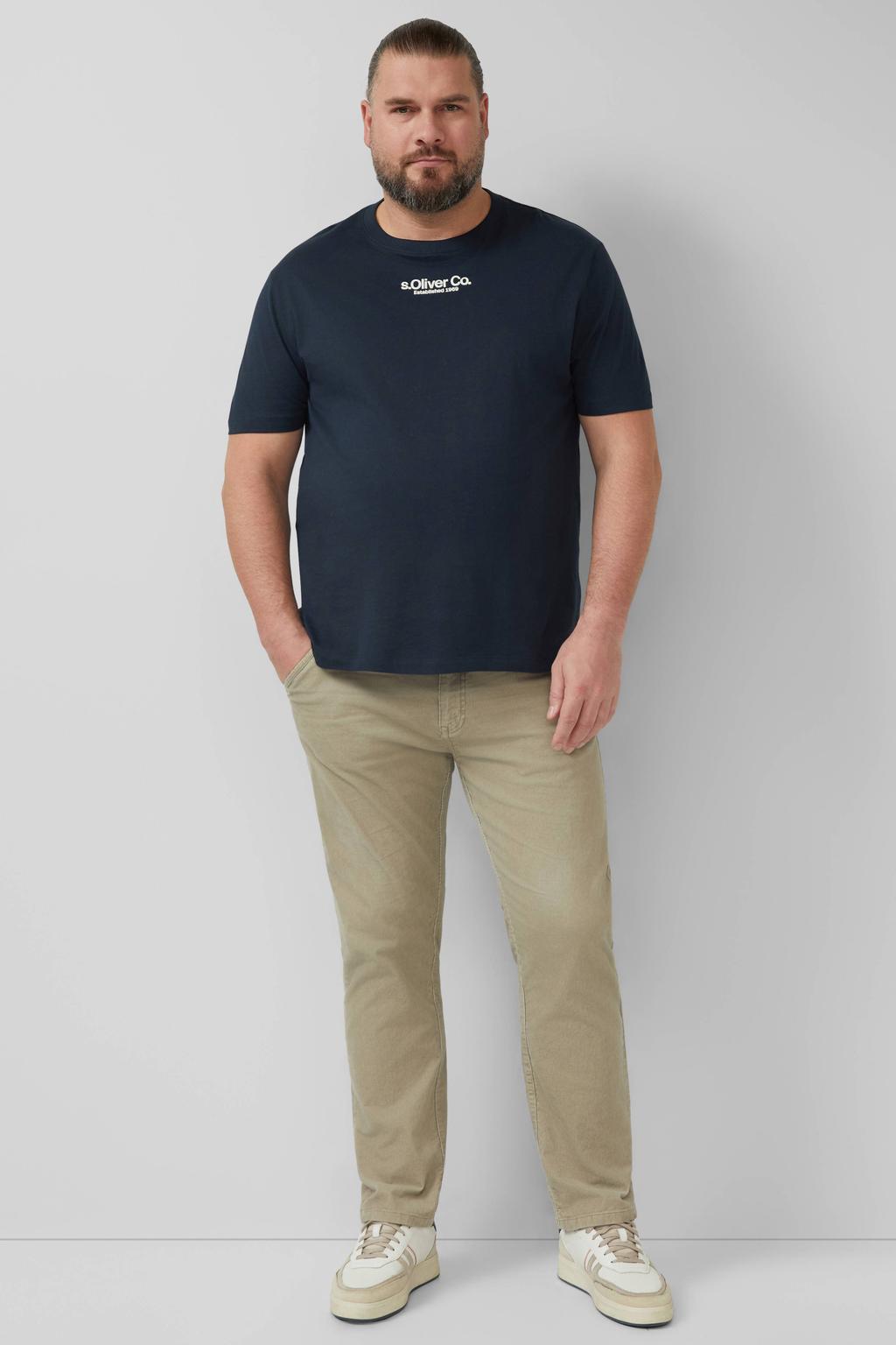 Donkerblauwe heren s.Oliver Big Size regular T-shirt van katoen met logo dessin, korte mouwen en ronde hals