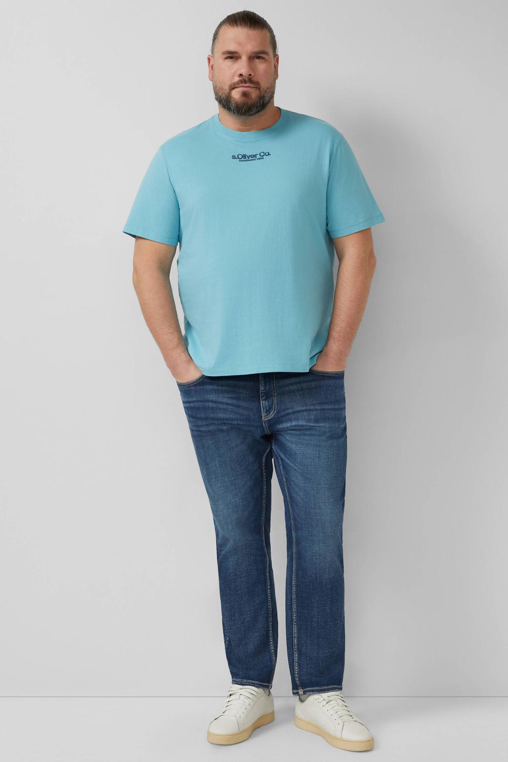 Blauwe heren s.Oliver Big Size regular T-shirt van katoen met logo dessin, korte mouwen en ronde hals