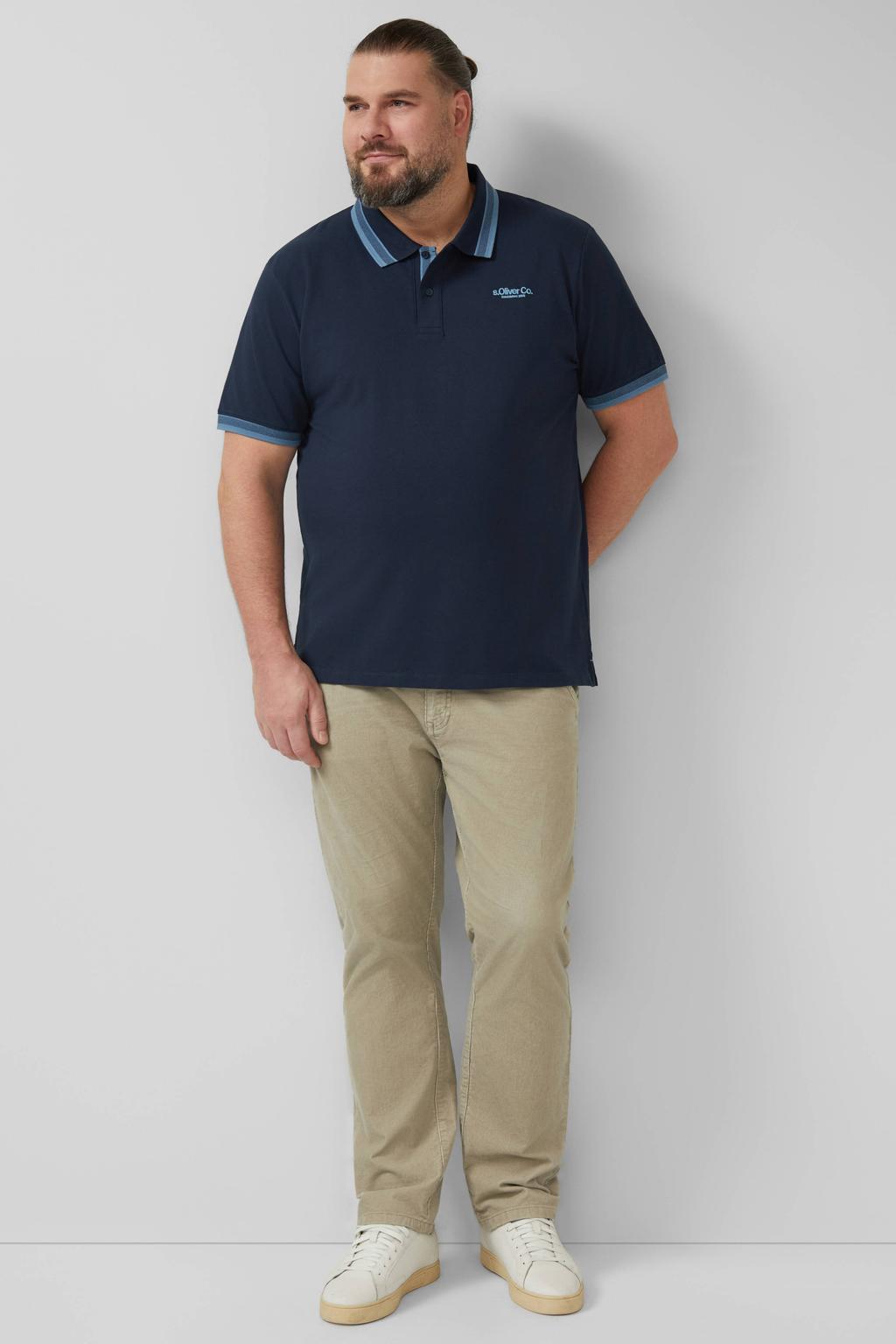Donkerblauwe heren s.Oliver Big Size regular polo van katoen met effen, korte mouwen en geribde boorden
