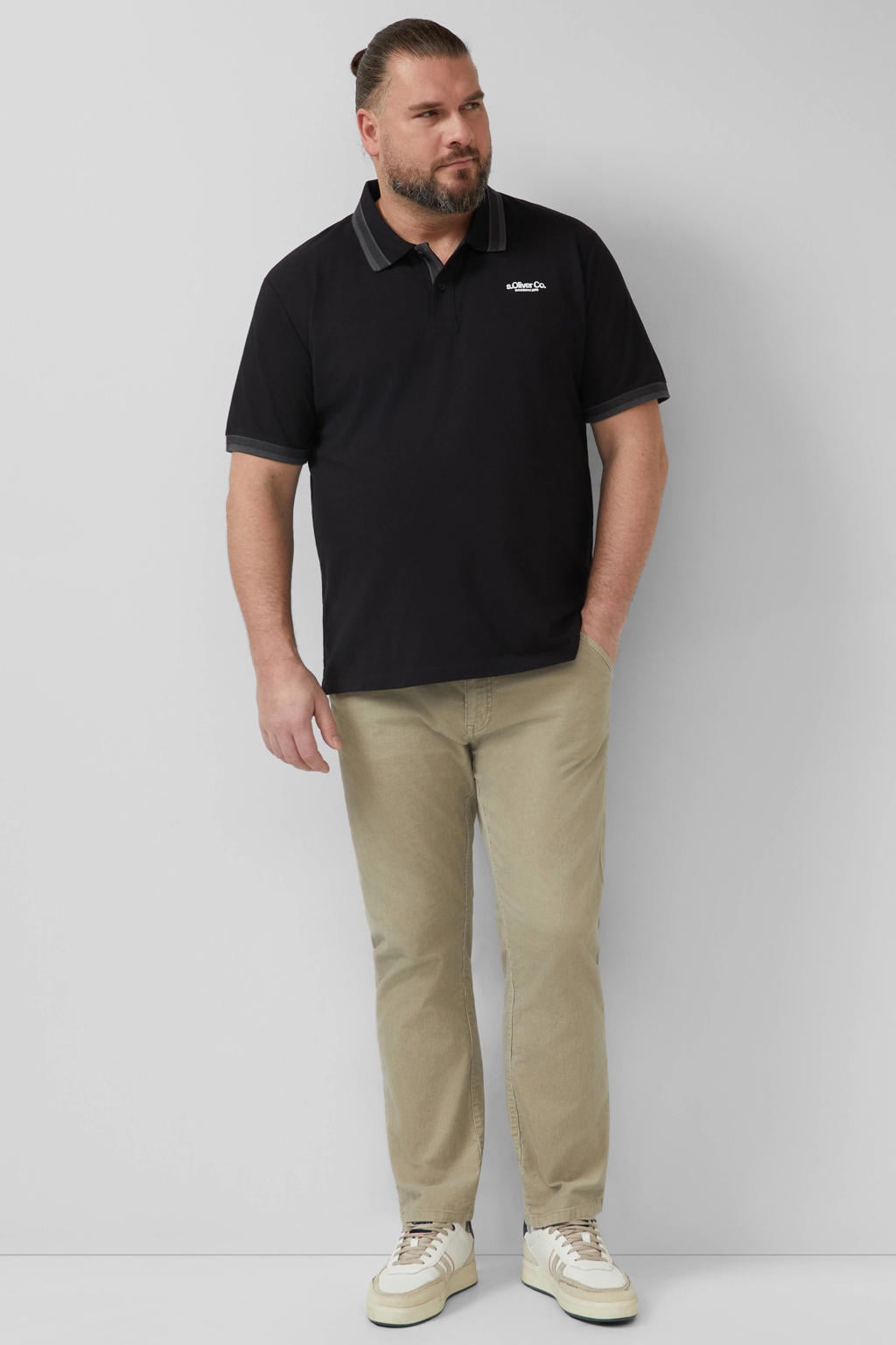 Zwarte heren s.Oliver Big Size regular polo van katoen met effen, korte mouwen en geribde boorden