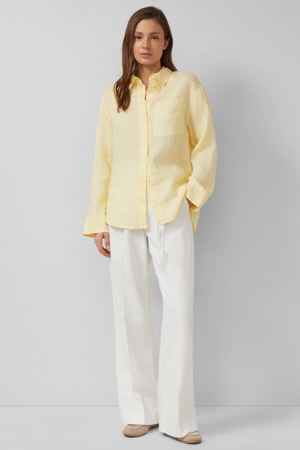 Lichtgele dames s.Oliver blouse van linnen met effen, lange mouwen, klassieke kraag en knoopsluiting