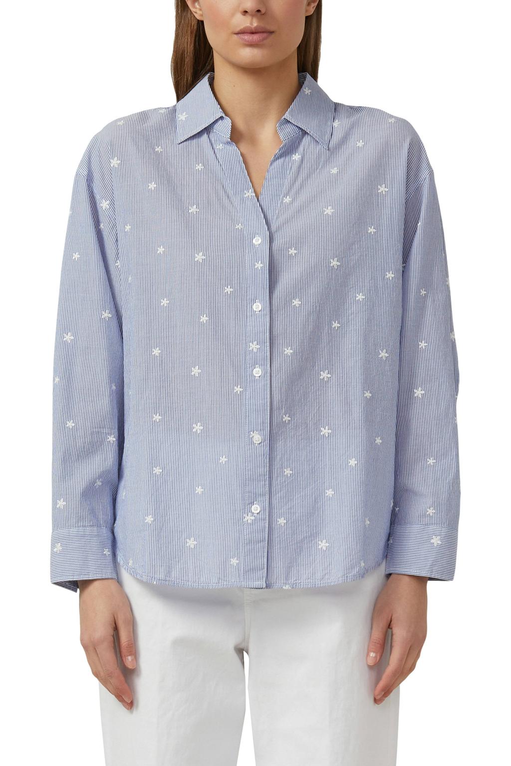 Blauwe dames s.Oliver gebloemde blouse van katoen met half lange mouwen, klassieke kraag, knoopsluiting en borduursels