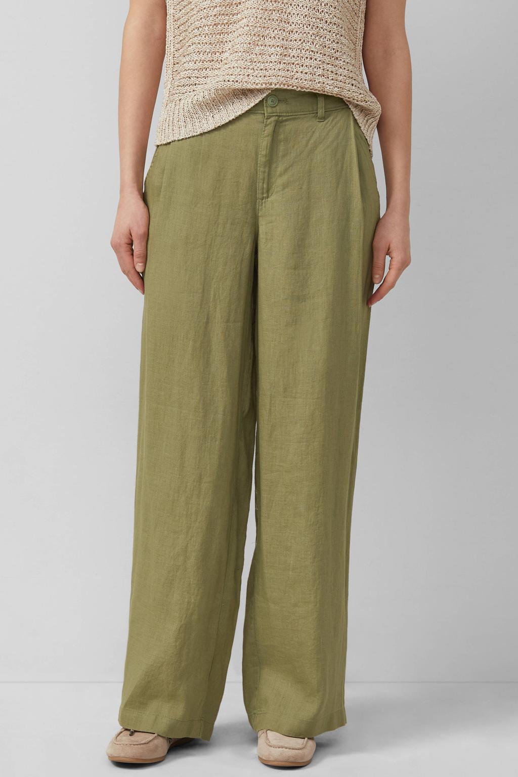 Donkergroene dames s.Oliver straight high waist broek van linnen met rits- en knoopsluiting en effen