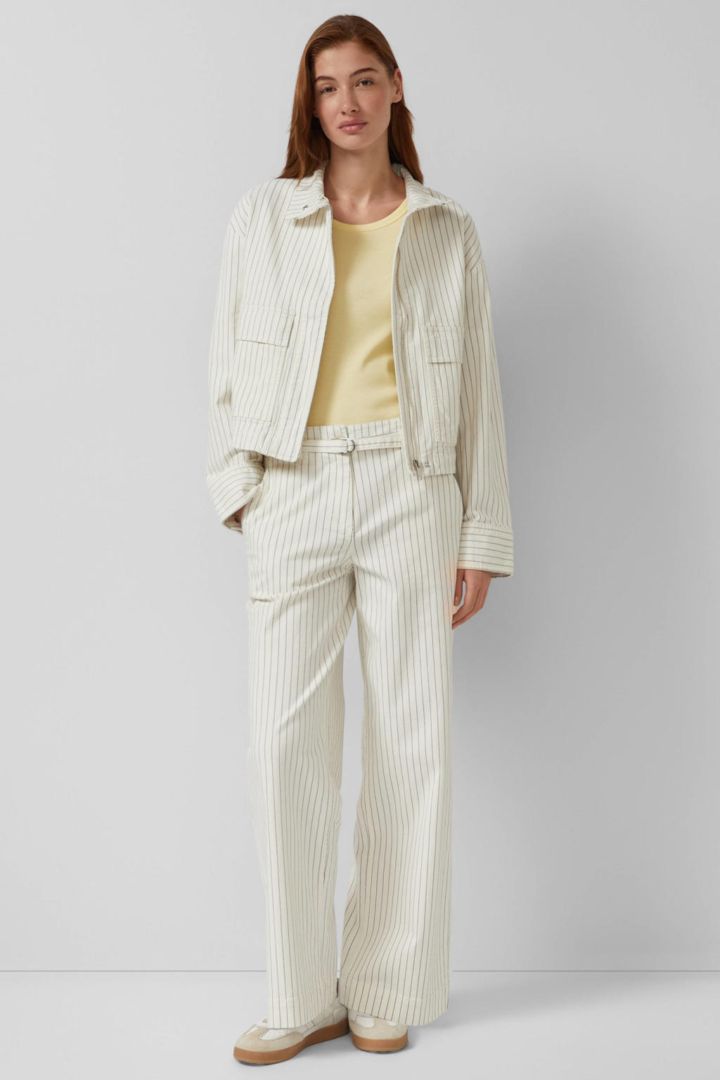 Beige dames s.Oliver jasje van katoen met krijtstreepprint, lange mouwen, opstaande kraag en blinde ritssluiting
