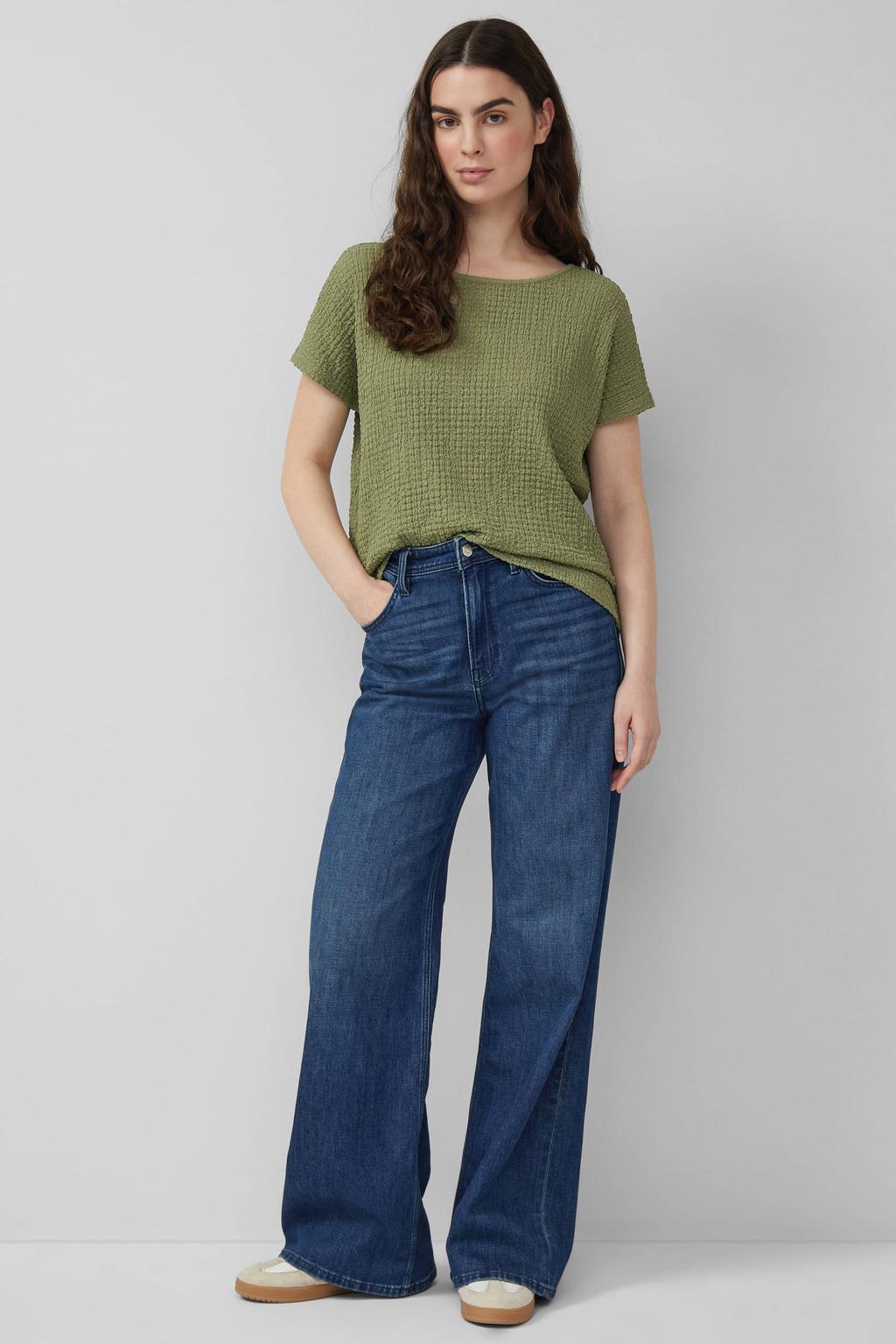 Groene dames s.Oliver T-shirt van polyester met effen, korte mouwen, ronde hals en textuur