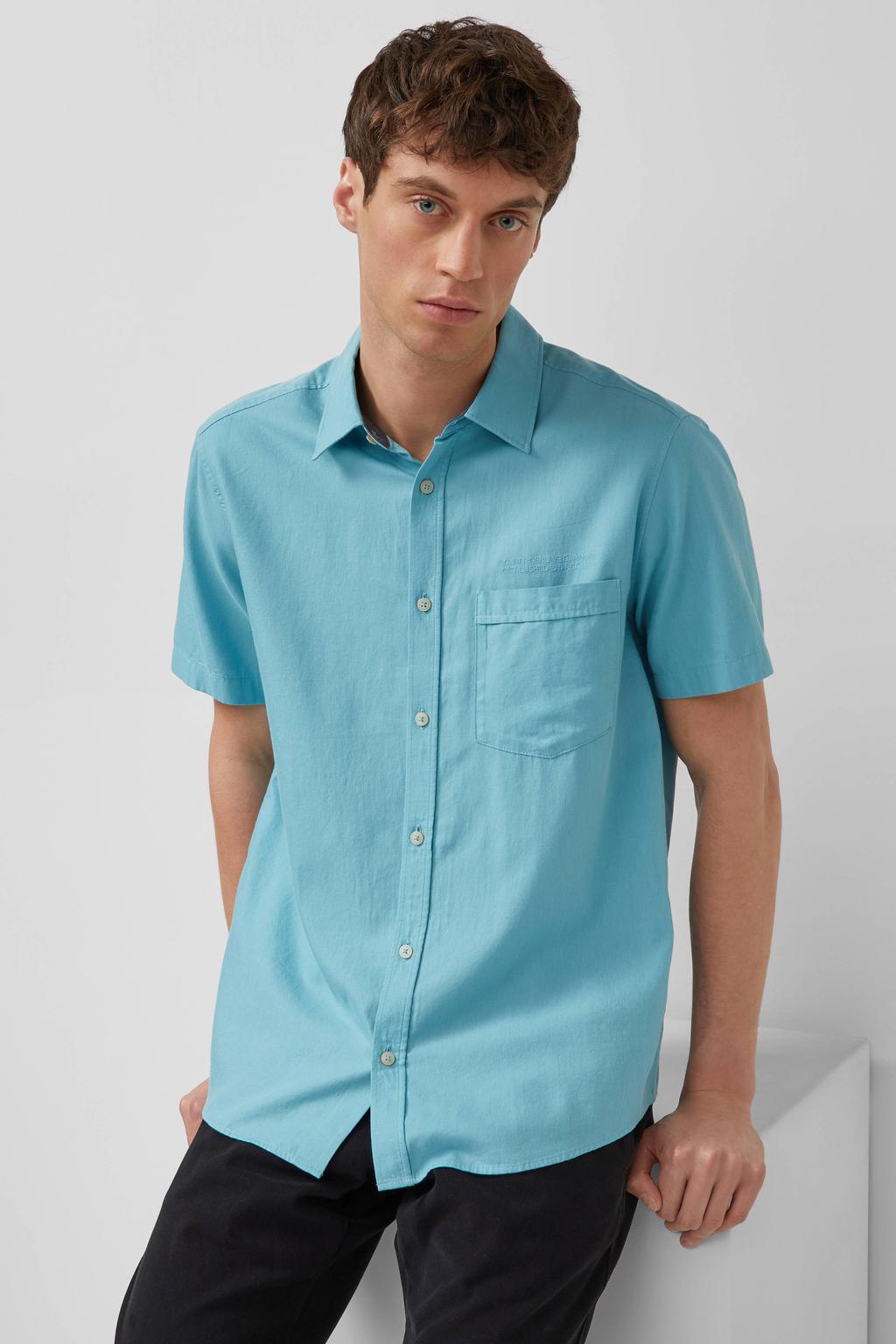 Blauwe heren s.Oliver Big Size regular casual overhemd van katoen met effen, korte mouwen en klassieke kraag