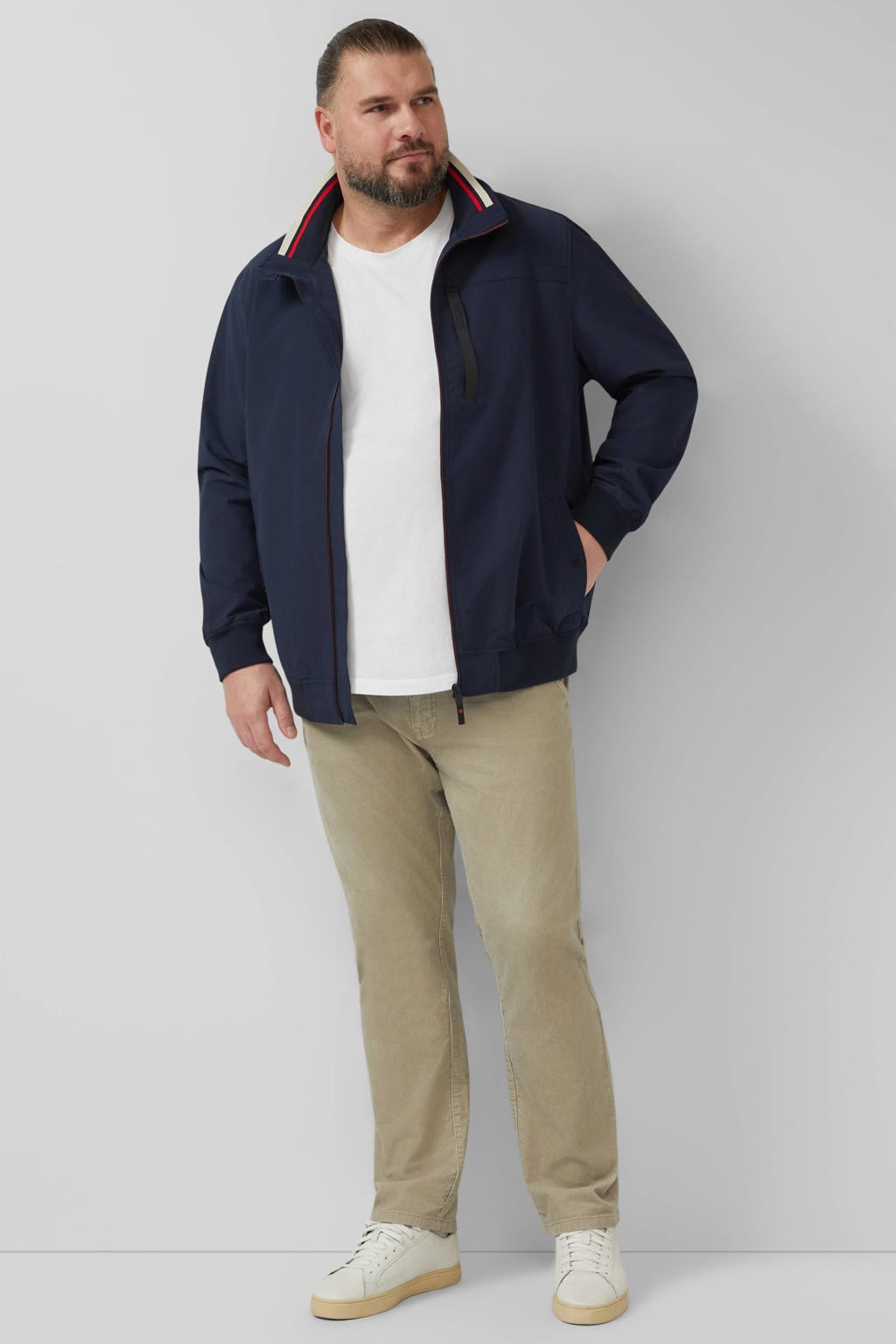 Donkerblauwe heren s.Oliver Big Size tussenjas Plus Size van polyester met effen, lange mouwen, opstaande kraag en geribde boorden