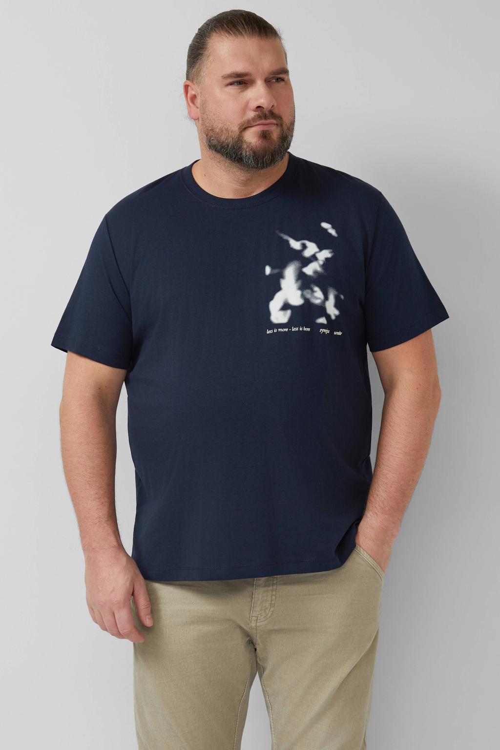 Donkerblauwe heren s.Oliver Big Size regular T-shirt Plus Size van katoen met printopdruk en korte mouwen