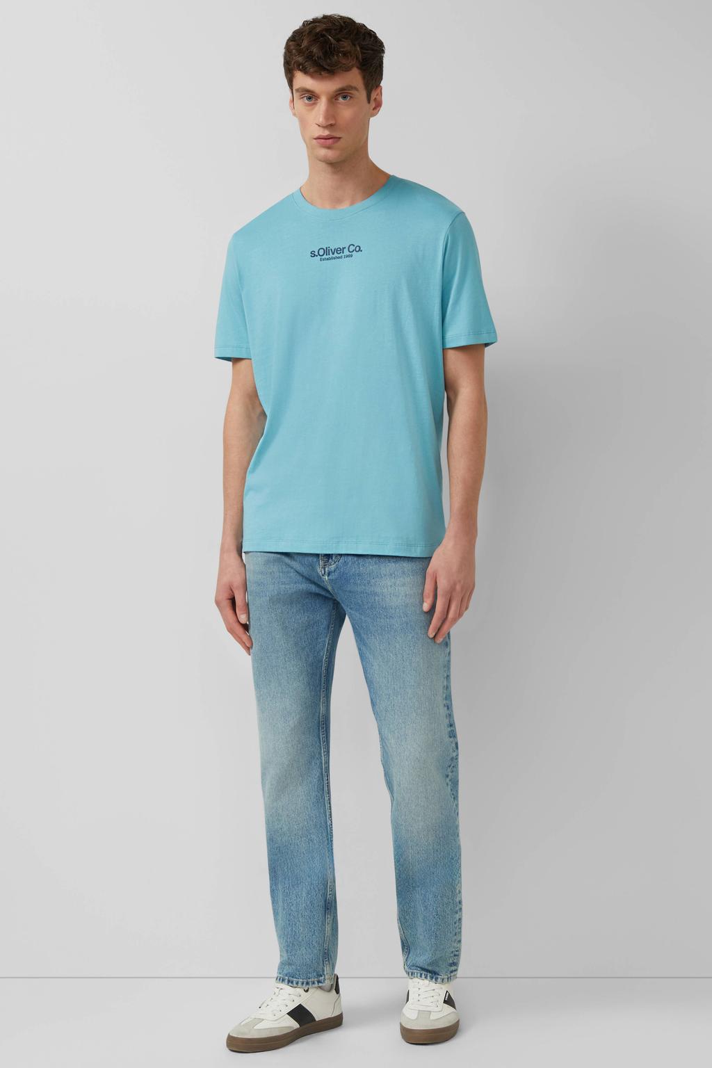 Blauwe heren s.Oliver regular T-shirt van katoen met logo dessin, korte mouwen en ronde hals